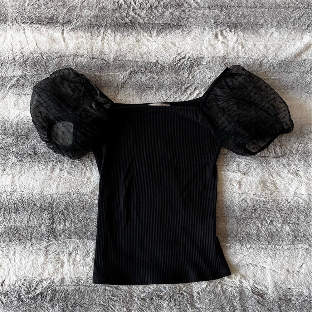 Altar’d State Black Puff Sleeve Mesh top polka dot detail size s Mobwife - Picture 2 of 6